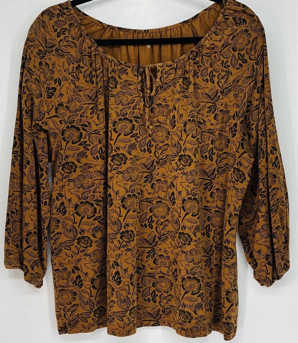 Garnet Hill L Tencel Lyocell Peasant Blouse Brown Black Woodland Floral Boho